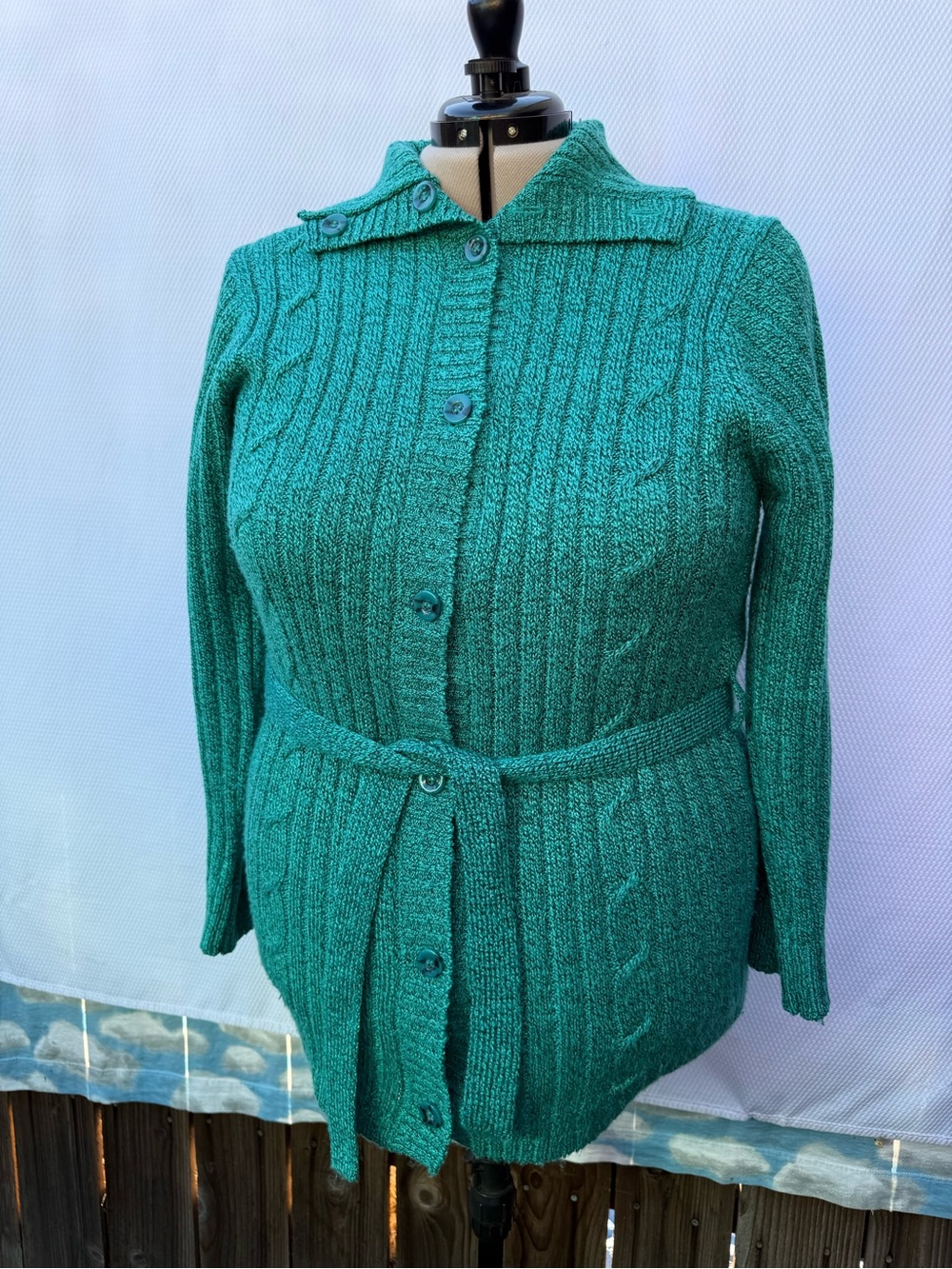 Sarah Bentley Vintage Green Ribbed Knit Cardigan Sweater Size XL Belted Retro